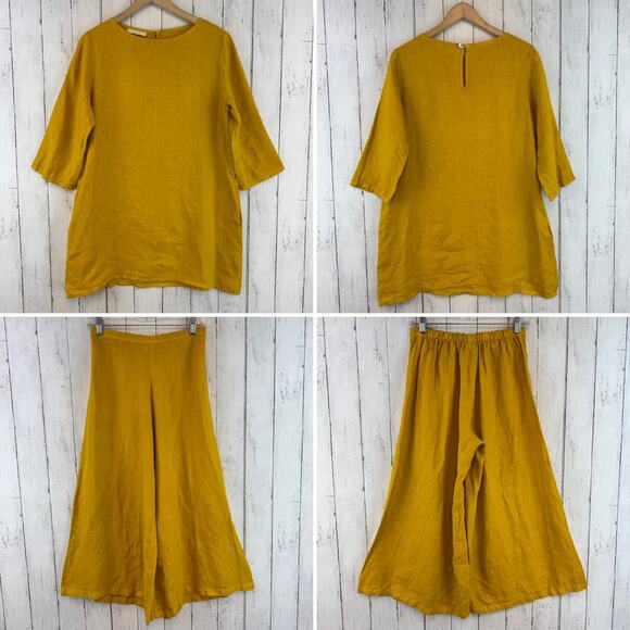 Bryn Walker Mustard Yellow Linen Pocket Tunic & Wide Leg Pants 2-Pc Set Size XXS - Picture 1 of 16